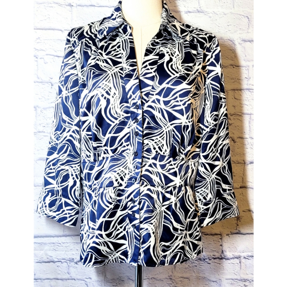 Ann Taylor Blouse White & Blue Abstract Pattern Peplum Top Size 10 Corporate